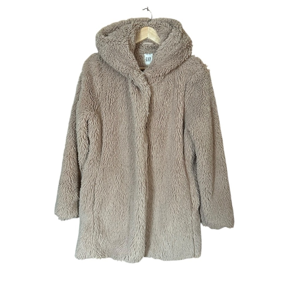Gap EUC Teddy Sherpa Hooded Long Coat Beige Sz S